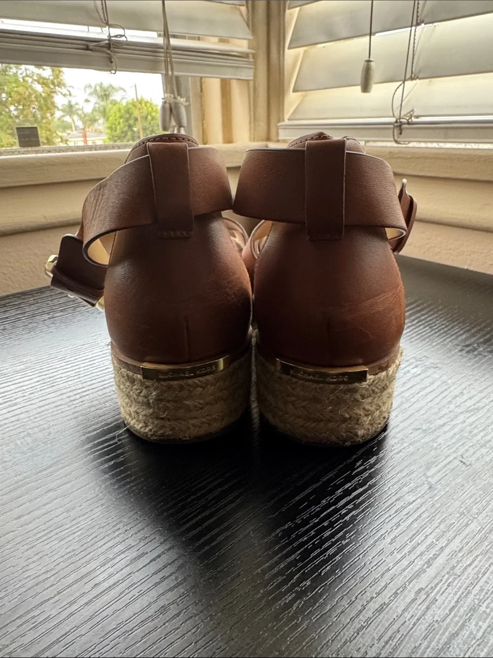 Michael Kors Tan Leather Cross-Strap woven Platform Sandals